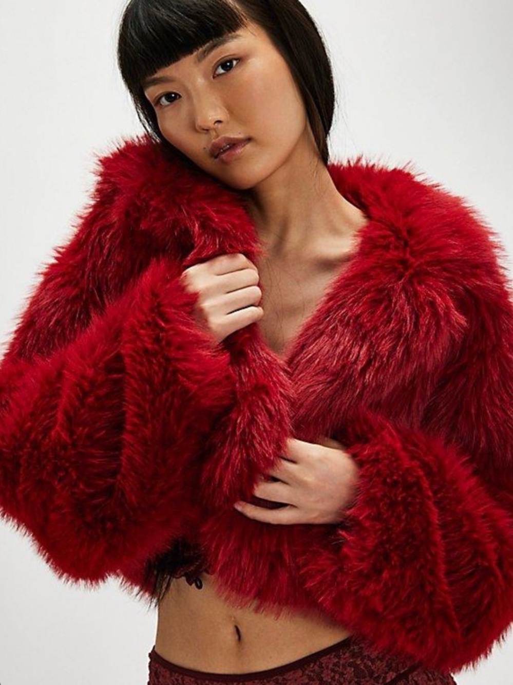 Free People Red Faux Fur Cropped Jacket